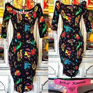Betsey Johnson Y2K Black Mark Mahoney Tattoo Mermaid Rose Heart Bodycon Dress S